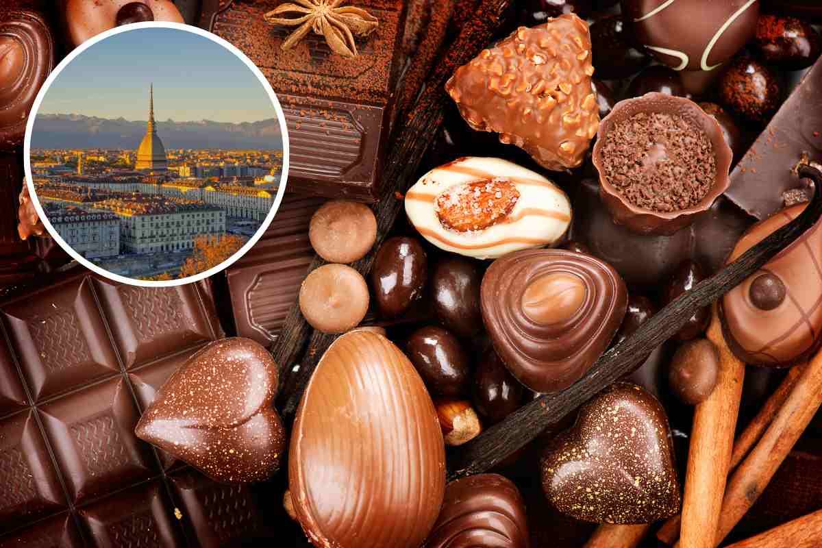 Varie tipologie di cioccolato con città di torino